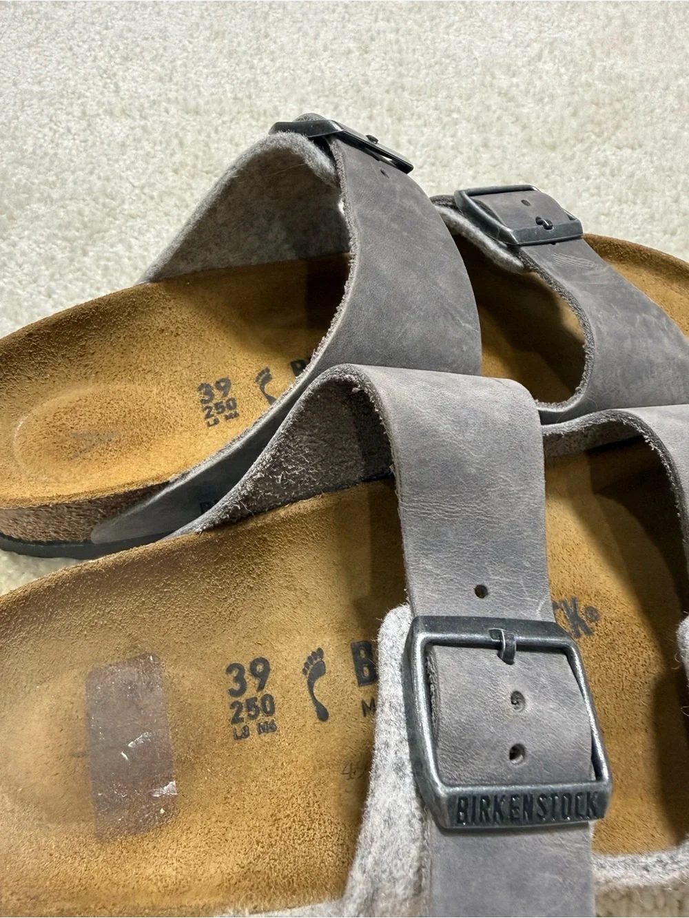Birkenstock Arizona Two Strap Sandal Iron Oiled Leather Light Gray Wool EU 39